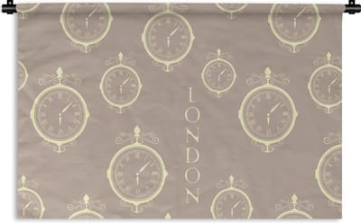 Wandkleed - Wanddoek - Londen - Klok - Patroon - Vintage - 90x60 cm - Wandtapijt