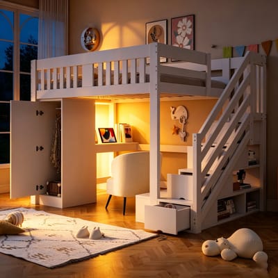 Kinderbed, Houten Bed 140 × 200 cm, Trap met Opbergruimte, Bureau met Stopcontact, Meerkleurige Led-lichtstrip, Eenpersoonskledingkast, Bank met Opbergruimte, Hoge Bedleuning, Hoogslaper, wit