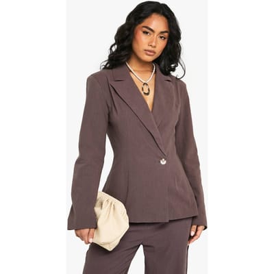 boohoo Dames Linnen Getailleerde Wikkelblazer | Chocoladebruin | Maat: 34