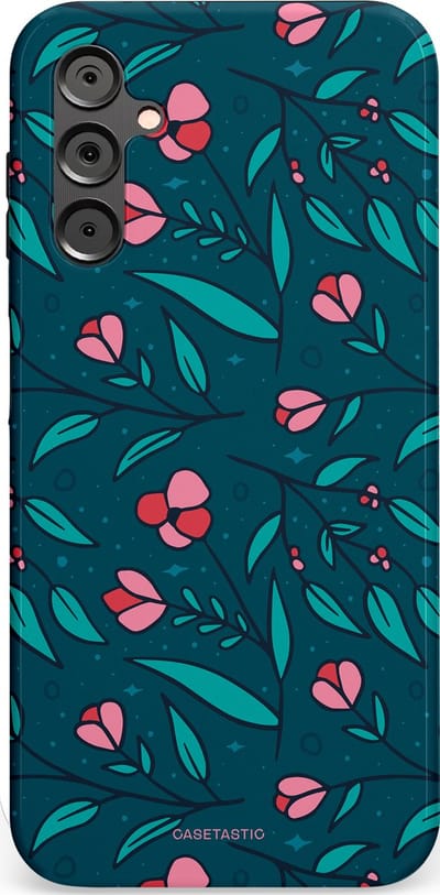Casetastic hoesje geschikt voor Samsung Galaxy A14 (2023) 5G / Samsung Galaxy A14 (2023) 4G - Dubbellaagse bescherming - Blauwe Groene Bloemenpracht - Fashion Case - Petrol Donkergrijs