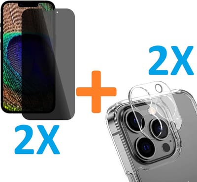 2X Privacy Scherm Tempered Glass Screen Protector Anti-Spy + 2X Camera lens Beschermer Transparant Geschikt voor: Apple iPhone 14 Pro Max