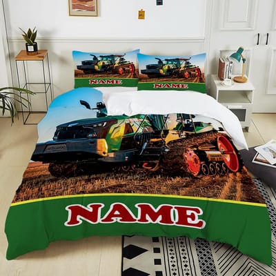 Tractor Bedrukt Aangepaste Naam Zachte Dekbedovertrek 3-delig Kussensloop Beddengoedset Kinderen Volwassenen Comfortabele Bedset Eenpersoons Kingsize Beddengoedset EU Twin 135X200cm