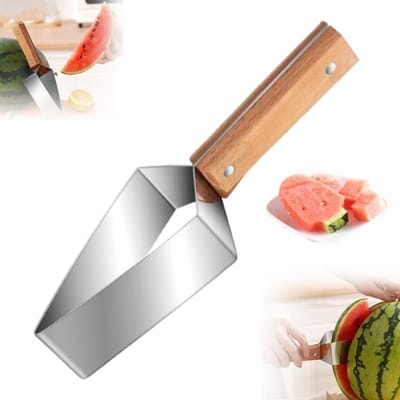 Driehoekige watermeloensnijder - 3-delige set - Roestvrijstalen watermeloensnijder - Multifunctionele fruitsnijder - Vruchtverdeler - Fruitsnijder - Met houten handvat - Geschikt voor diverse watermeloenen en cantaloupes
