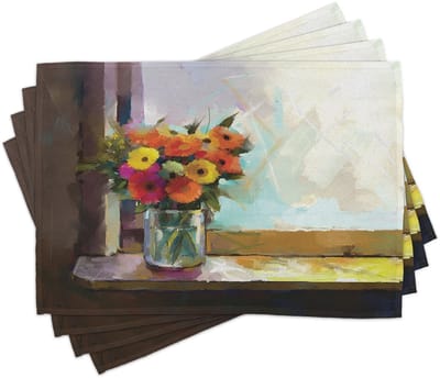 ABAKUHAUS Gerbera- en madeliefjes-onderzetters, kleurrijk bloemboeket van Gerbera's in een vaas bij het raam, schilderachtige stijl, Tiscjdeco van kleurvast stof voor eetkamer en keuken, veelkleurig