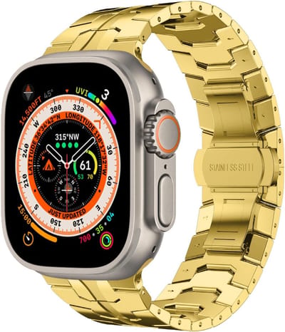 Stravo Premium RVS Schakelband met Vlindersluiting – Iron Style Metalen Horlogebandje – Geschikt voor Apple Watch 42mm (Series 11/10), 41mm (Series 9/8/7), 40mm (Series 6/5/4/, SE 1/2/3), 38mm (Series 3/2/1) – Goud