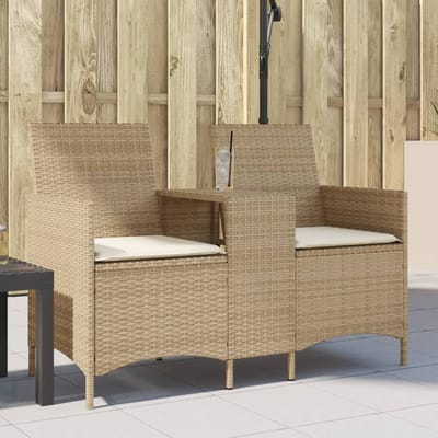vidaXL - Tuinbank - 2-zits - met - tafel - en - kussens - poly - rattan - beige