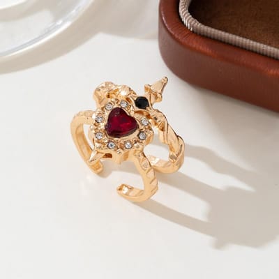 Bague S Style Punk Zircone Rouge Flèche Traversant Un Cœur Exquis Ensemble de Bijoux Mode Couple Hommes Femmes Décor Quotidien Cadeau de Fête beige