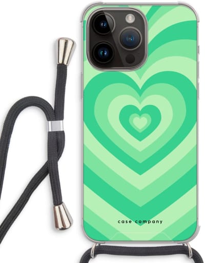 Case Company® - Hoesje met koord geschikt voor iPhone 14 Pro Max hoesje met Koord - Hart Groen - Telefoonhoesje met Zwart Koord - Bescherming aan alle Kanten en Over de Schermrand