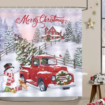 Famanu - Kerst douchegordijn met sneeuwpop en kerstboom, rustieke boerderijstijl, waterdicht en schimmelbestendig, 180 × 180 cm – Rood