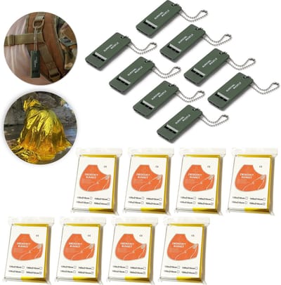 Colorful Sun® Survival Kit: Reddingsdeken + Noodfluit - Reddingsdeken x 8 (160x210cm, Goud/Zilver) + Noodfluit x 8 - Voor Outdoor Avonturen, Wandelen, Kamperen en Noodsituaties - Thermische Isolatiedeken en Luide Alarmfluit met Sleutelkoord