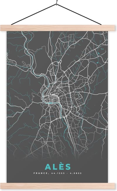 Posterhanger incl. Poster 40x60 cm - Schoolplaat - Alès - Plattegrond - Kaart - Stadskaart - Frankrijk - Textielposter - Blanke latten - Stadskaart