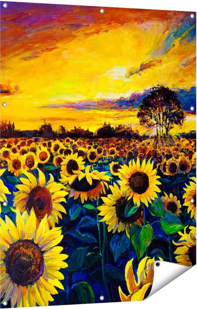 Gards Tuinposter Getekende Zonnebloemen Veld met Olieverf - 90x120 cm - Tuindoek - Tuindecoratie - Wanddecoratie buiten - Tuinschilderij