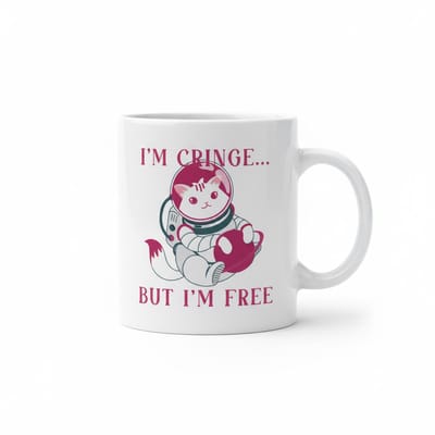 Grappige Kat Astronaut Tekst Koffiemok “I’m Cringe… But I’m Free” – Schattig Meme Cadeau – 330 ml Keramische Mok