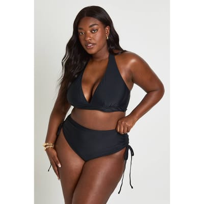boohoo Dames Plus Buikcontrole Geplooid Hoge Taille Bikinibroekje | Zwart | Maat: 50