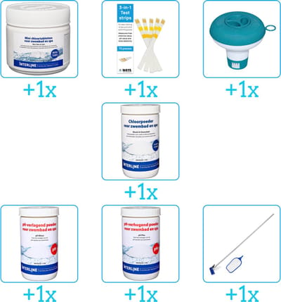 Zwembad Onderhoudspakket - Onderhoud Zwembad - bevat Chloor - Testrips - Chloordrijver - Chloor - PH-min - PH-plus en Schoonmaakset (7-delig)