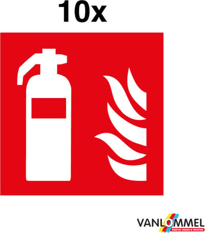 Pictogram‑bord Brandblusser – ISO 7010 (F001) – 100 × 100 mm – Polystyreen 2 mm – Set van 10 (binnengebruik)