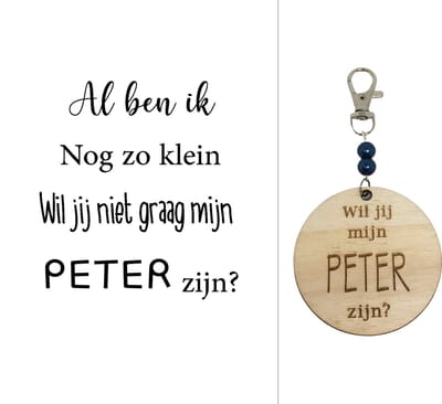 Sleutelhanger Wil jij mijn Peter zijn? | blauw | al ben ik nog zo klein | peter vragen | peter worden | peetoom vragen | peetoom worden
