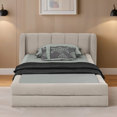 Wishdor Eenpersoonsbed – 90 x 200 cm – Chenille Bekleding – Gewatteerd Hoofdbord – Europees Minimalistisch – Beige – Versterkt Stil Frame – Stabiel tot 200 kg – Geschikt voor Matras >20 cm