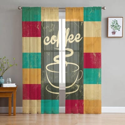 Koffie Kleurrijk Ruit Transparante Gordijnen voor Woonkamer Transparant Tule Raambekleding Slaapkamer Keuken Huisdecoratie Sluier Gordijnen 135W x 114H(cm) blue