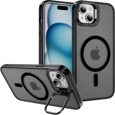 Hoesje Geschikt voor Apple iPhone 15 - Compatibel met MagSafe & Qi2 - Back Cover met Standaard - Camera Kickstand - Zwart