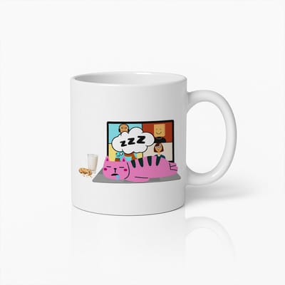 Grappige Slapende Kat Mok 330 ml – Schattige Cartoon Koffiebeker met Kat, Melk en Koekjes Ontwerp – Perfect Cadeau voor Kattenliefhebbers