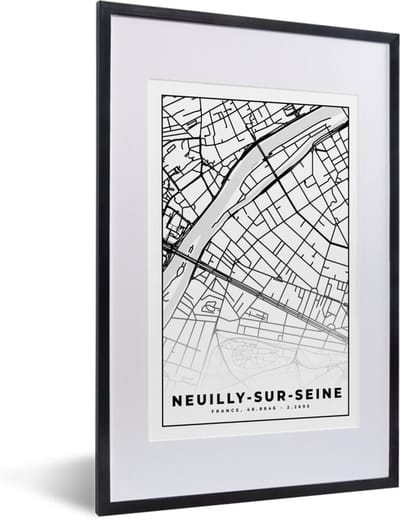 Fotolijst incl. Poster Zwart Wit- Kaart - Plattegrond - Frankrijk - Stadskaart - Neuilly-sur-Seine - Zwart wit - 40x60 cm - Posterlijst