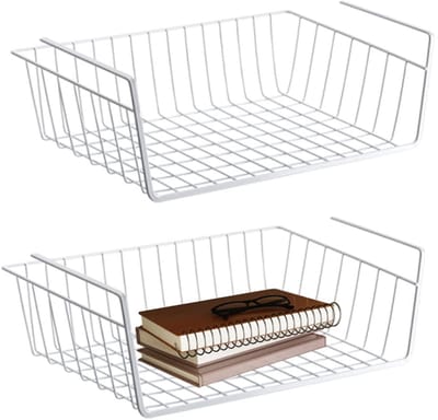 Unyqoos ® Onderstelling opbergmand, 2 stuks hangmand, metalen hangmand, rek onder kast, hangmand, metalen mandorganizer, rekmand voor keuken, kantoor, eetkamer, badkamer, kast (wit)