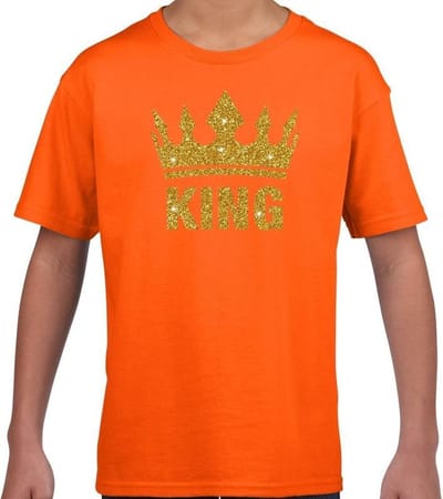 Oranje King gouden glitter kroon t-shirt kinderen - Oranje Koningsdag/supporter kleding 110/116