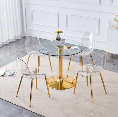 Set Tafel En Stoelen - Ronde Eettafel Met 4 Stoelen - Transparant Gehard Glas En Gouden Metalen Basis - Kunststof Goud Transparant