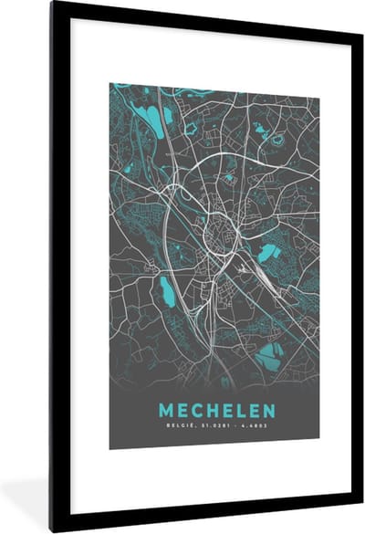 Fotolijst incl. Poster - België – Mechelen – Stadskaart – Kaart – Blauw – Plattegrond - 60x90 cm - Posterlijst