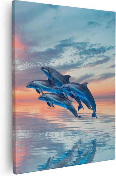 Artaza Canvas Schilderij Zonsondergang Zee - 40x50 cm - Muurdecoratie Dolfijnen - Wanddecoratie Strand - Kamer Accessoires Woonkamer