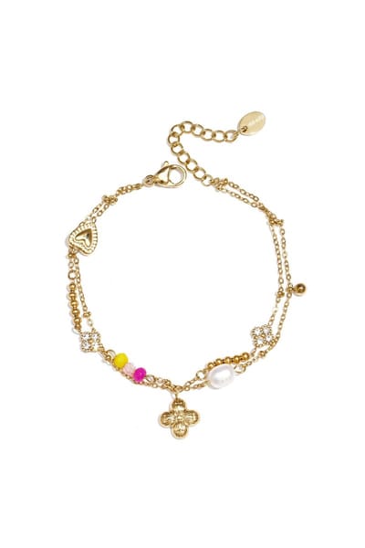 Armband met hangende klaver - Parel en kralen - Verkleurt niet - Cadeau - Goudlief.nl