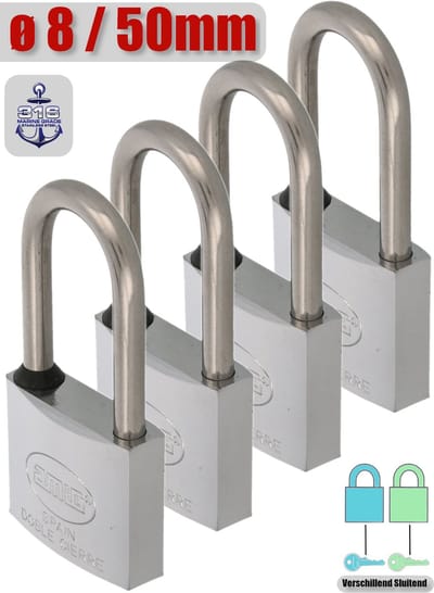 AMIG Hangslot RVS 316 Ø8/50mm Hoge Beugel Met Sleutel Buiten - Marine - 4 Stuks