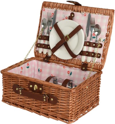 Decoris - Rieten Picknickmand 2 Personen - Compleet met Servies en Bestek - Roze Voering Kersenprint - 38x26x18cm
