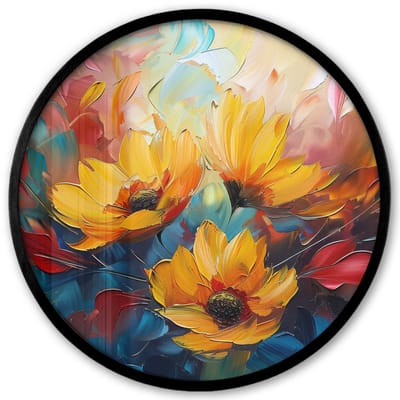 Poster in lijst Rond - Fotolijst 40x40 cm - Posters - Bloemen - Zonnebloemen - Kunst - Geel - Ronde posterlijst zwart - Decoratie - Wanddecoratie woonkamer - Muurdecoratie slaapkamer
