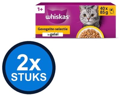 2x Whiskas - 1+ Pouch Adult Gelei Gevogelte Sel Multipack (40x85g) - Kattenvoer Natvoer - 3.4 kg