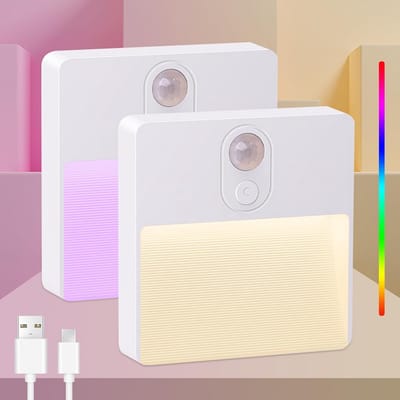 Set van 2 LED Nachtlampjes met Bewegingssensor voor Binnen - Warm Wit en RGB Kleuren, Batterijgevoed