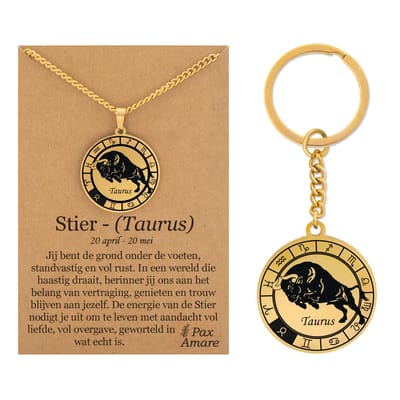 Sterrenbeeld Stier / Taurus Ketting + Sleutelhanger - Goudkleurig - Stainless Steel op Cadeau Kaartje- 60cm - Pax Amare