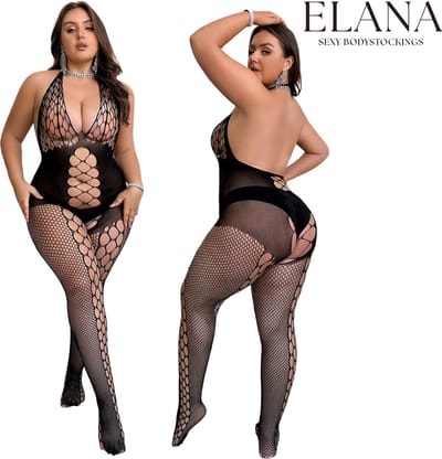 Elana - Selina Plus Size - Bodystocking - Visnet - Zeer Rekbaar - Erotische Lingerie met Open Kruis - Catsuit - L t/m XXL - Sexy Dames Lingerie - Bodysuit