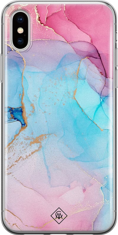 Casimoda® hoesje - Geschikt voor iPhone Xs - Marmer blauw roze - Siliconen/TPU telefoonhoesje - Backcover - Marmer - Bruin/beige