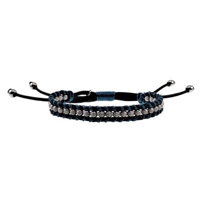 Macramé Armband Unisex - Gewaxt Leerdraad Navi Blauw-Zwart - RVS - Een Maat - Handgemaakt