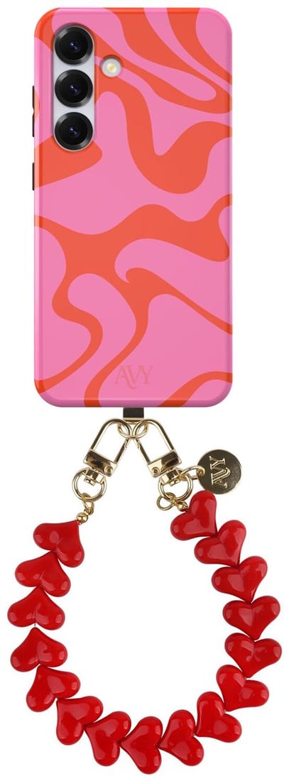 AVY Hoesje Met Telefoonkoord | Geschikt voor Samsung Galaxy S25 Plus | Compatibel met MagSafe | Hard Shell Back Cover | Stijlvol Bijpassend Koord 30CM | Rose Hearts | Roze
