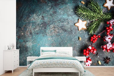 Behang - Fotobehang Kerst - Rustiek - Takken - Steranijs - Bes - Rood - Breedte 330 cm x hoogte 220 cm