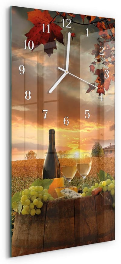 Tulup Wandklok - Wijn Natuur Moderne Glazen Wandklok - 30x60 cm - Veelkleurig Wandklok Glas Met Motief - Witte Handen - Rechthoekige Wandklok - Wandklok Glas Met Motief - Decoratieve Glazen Klok