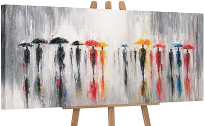 Canvas schilderij panoramisch 115x50 handgeschilderd kleurrijke parasols stad – YS-Art Gallery – Vrolijke wanddecoratie voor woonkamer – Modern schilderij voor hal