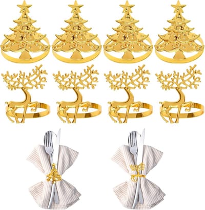 Servettenringen 8 stuks - Gouden kerstboom en eland - Tafeldecoratie - Perfect voor feestelijke diners - ShopVlot