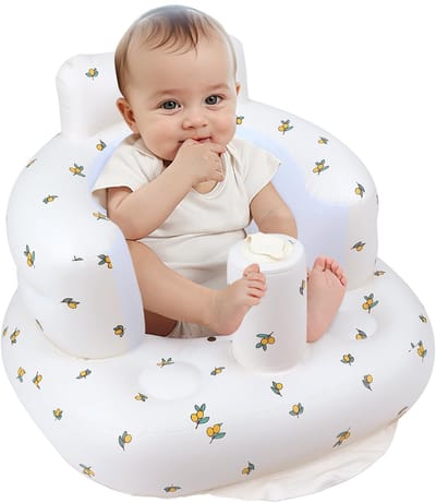 Opblaasbaar babyzitje voor baby's vanaf 3 maanden – Vloerzitje om zelfstandig te zitten – Babyzitje voor zuigelingen – Opblaasbare babystoel met ingebouwde luchtpomp – Olijfgroen met bloemen