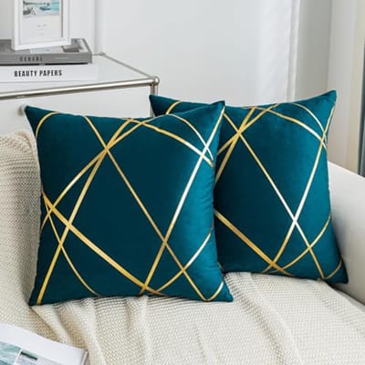 Decoratieve Sofakussen 50 x 50 cm - Watergroen met Gouden Lijn - Set van 2