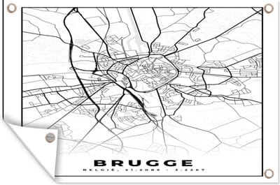 Muurdecoratie Plattegrond – Brugge – Zwart Wit – Stadskaart - Kaart - België - 180x120 cm - Tuinposter - Tuindoek