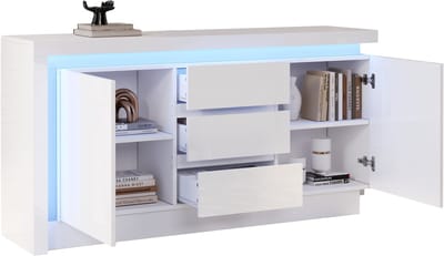 MODFU Luxe Hoogglans Dressoir (140 cm) - Slanke Opbergkast met 3 Lades, 2 Deuren & App LED Verlichting - Wit